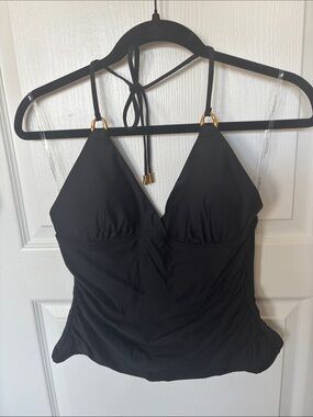 Donna Karan Black Halter Tankini Top with Gold Accents